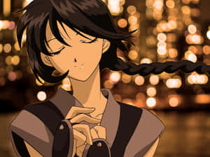 Contented Anime Character Night City Backdrop Wallpaper