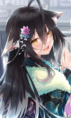 Cool Anime Fox Girl With Floral Pin Wallpaper