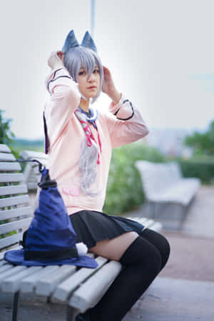 Cosplay_ Character_ Midori_ Fuse_ Park_ Bench Wallpaper