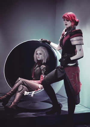 Cosplay Duo Futuristic Setting Wallpaper