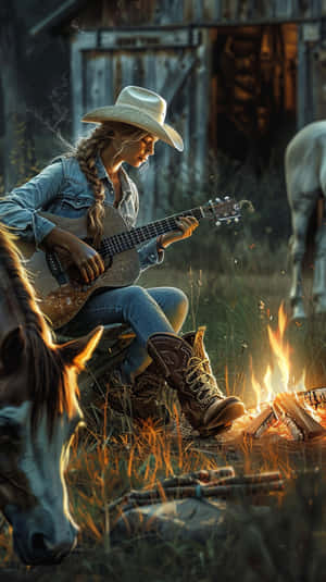 Country Cowgirl Guitar Campfire Aesthetic.jpg Wallpaper