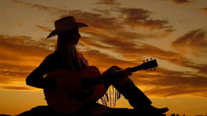 Country Girl Sunset Guitar Silhouette Wallpaper