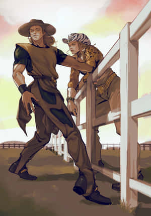 Cowboy Duo Leaningon Fence Wallpaper