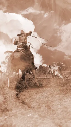 Cowboy_ Roping_ Cattle_ Sepia_ Tone Wallpaper