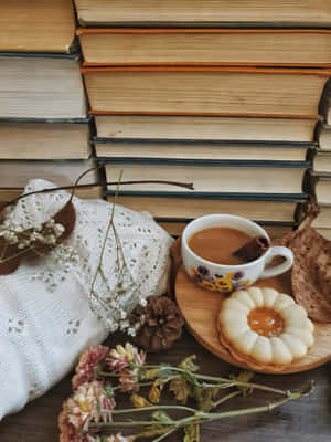 Cozy Book Stack With Tea And Cookie.jpg Wallpaper