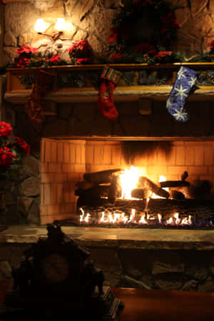 Cozy Christmas Fireplace Stockings Decor Wallpaper