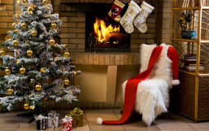 Cozy Christmas Fireplace With Decorated Tree Wallpaper