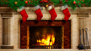 Cozy Christmas Fireplace With Stockings Wallpaper