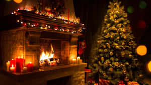 Cozy Christmas Fireplaceand Tree Wallpaper