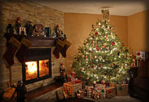 Cozy Christmas Fireplaceand Tree Wallpaper