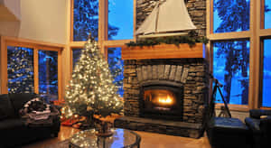 Cozy Christmas Fireplacewith Tree Wallpaper