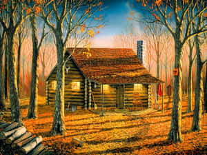 Cozy Fall Cabin In The Woods Surrounded By Autumn Foliage Wallpaper