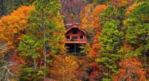 Cozy Fall Cabin Surrounded By Autumn Foliage Wallpaper