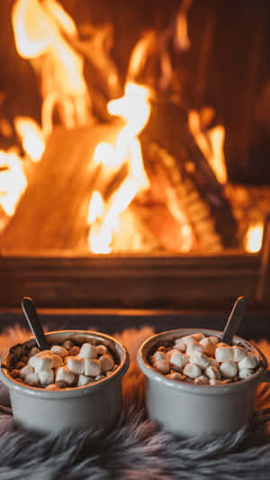 Cozy Fireplace Hot Cocoa Winter Warmth Wallpaper