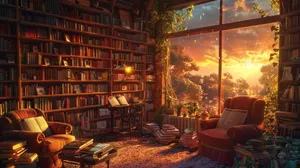 Cozy Home Libraryat Sunset Wallpaper