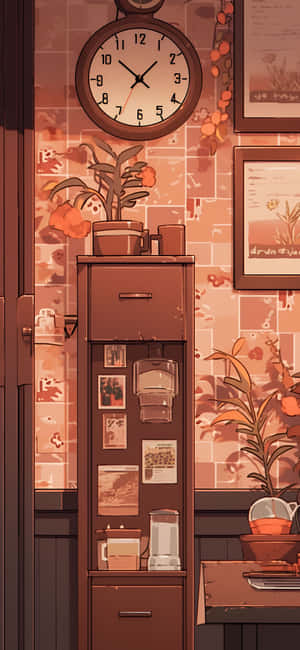 Cozy Interior Cabinetand Clock Illustration Wallpaper