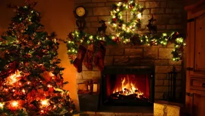 Cozy Yule Log Fireplace Wallpaper