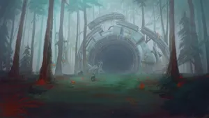 Crashed_ Spaceship_in_ Misty_ Forest Wallpaper