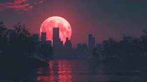Crimson Moonset Over Cityscape Wallpaper