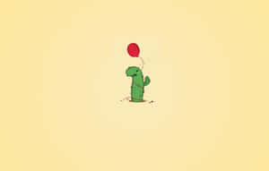 Crying Cactus With Red Balloon Minimalist Plant Desktop Wallpaper