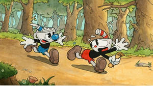 Cuphead And Mugman Take A Break In The Tranquil Forest Wallpaper