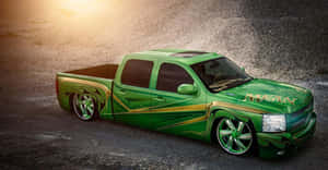 Custom Green Flamed Pickup Truck Sunset Wallpaper