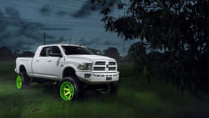 Customized White Pickup Truckwith Green Wheels Wallpaper