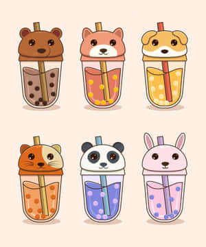 Cute Animal Boba Cups Illustration Wallpaper