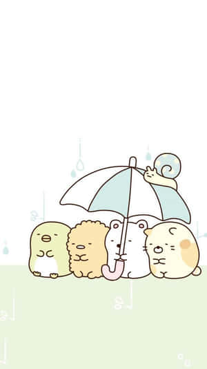 Cute Animals Sharing Umbrella Wallpaper