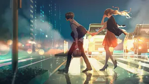 Cute Anime Couple Crossing Street Wallpaper