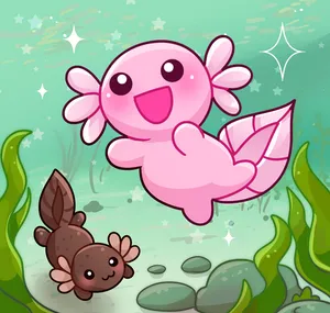 Cute Axolotl Animals In Pink And Gray Chibi Art Wallpaper