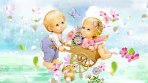 Cute Baby Couple Garden Art Wallpaper