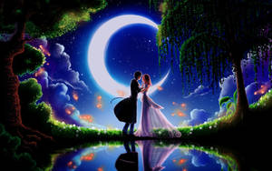 Cute Cartoon Couple Lake Night Wallpaper