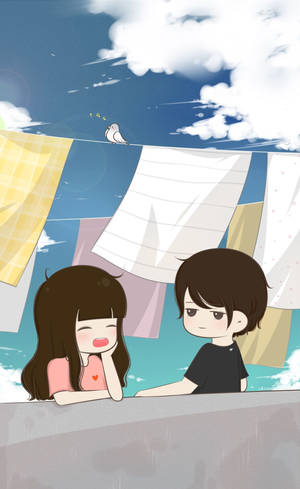 Cute Cartoon Couple Rooftop Wallpaper