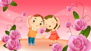 Cute Cartoon Couple With Roses Wallpaper