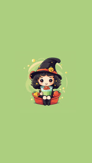 Cute Cartoon Witch Green Background Wallpaper