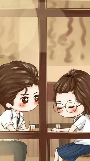 Cute Chibi Couple Eating By Window Wallpaper