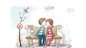 Cute Couple Drawing On Wooden Bench Wallpaper