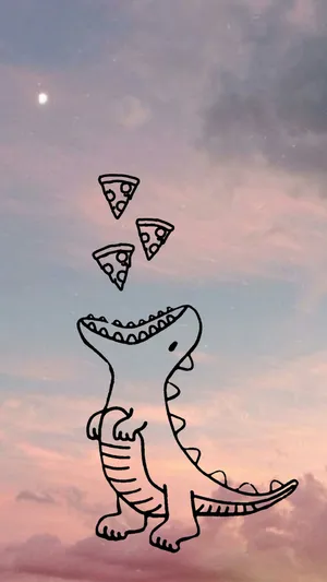 Cute Dinosaur Eating Pizza On Sky Wallpaper