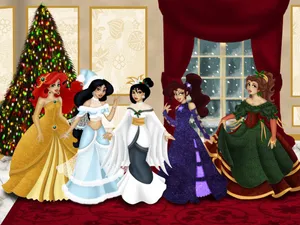 Cute Disney Christmas Five Princesses Wallpaper