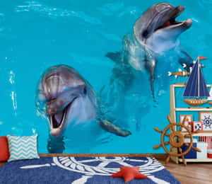 Cute Dolphins Bedroom Wall Design Wallpaper