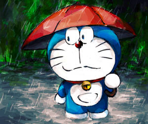 Cute Doraemon Under The Rain Wallpaper