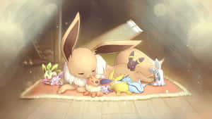 Cute Eevee With Tiny Eeveelutions Wallpaper