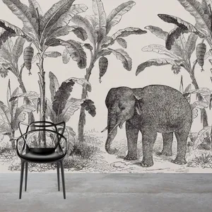 Cute Elephant Banana Trees Vintage Mural Wallpaper