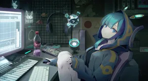 Cute Gamer Hatsune Miku With Computer Setup Wallpaper