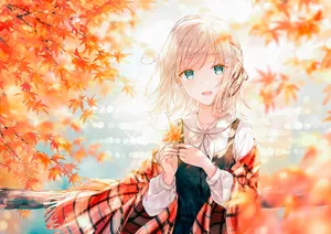 Cute Girl Orange Anime Scene With Maple Leaves Wallpaper