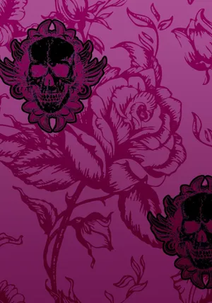 Cute Gothic Black And Pink Skull Flowers Wallpaper