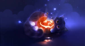 Cute Halloween Cat With Jack O' Lantern Wallpaper