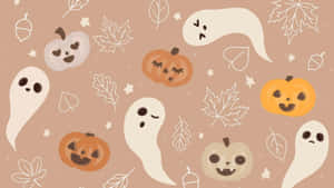 Cute Halloween Pattern Ghosts Pumpkins Leaves Wallpaper