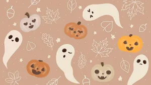 Cute Halloween Pattern Ghosts Pumpkins Leaves Wallpaper